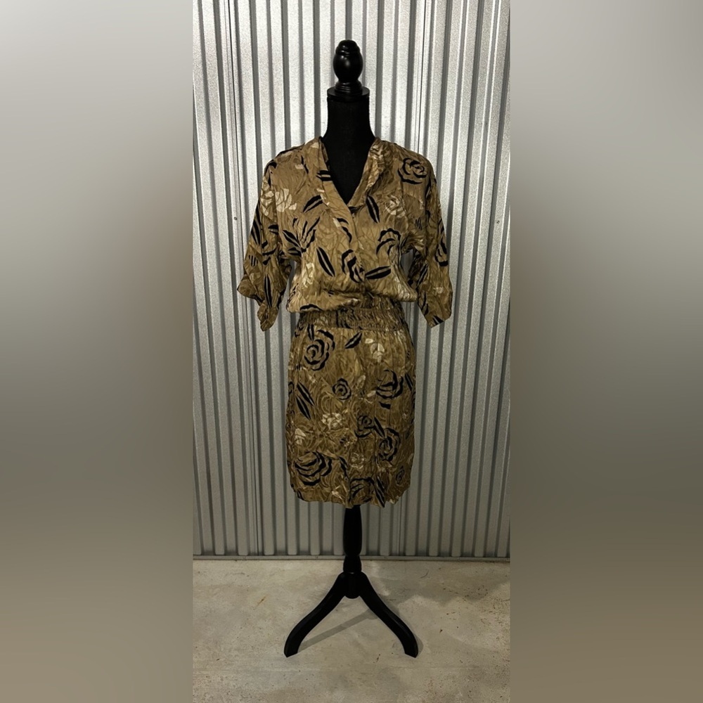 Womens Vintage 80s Nicole Miller Brown Silk Floral Long Sleeve MIDI Dress Size 8